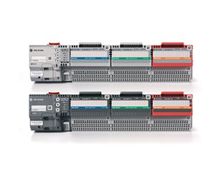 Front-facing view of two racks with Allen-Bradley® FLEX 5000™ I/O modules against a solid white background. Each rack includes a FLEX 5000™ EtherNet/IP adapter, two standard modules and one safety module. The adapter and modules in the top rack are non-XT variant that is used on non-extreme environments. The adapter and modules in the bottom rack are XT variant with conformal coating and can be used in extreme environments